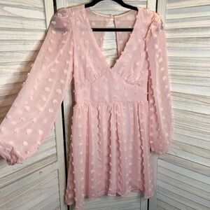 Honey and Rosie Light Pink Swiss Dot Sheer V Neck Long Sleeve Mini Sundress 3
